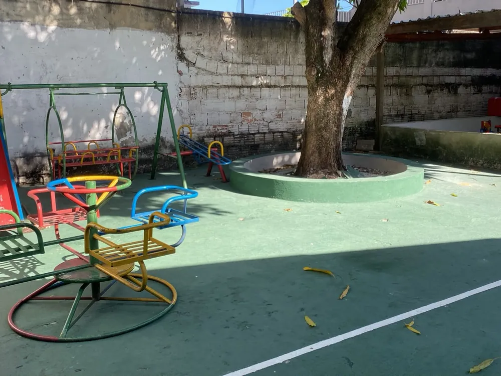 Playground da escola com balanço, escorregador, gira-gira e gangorra, sobre o piso verde da quadra e à sombra de uma árvore.